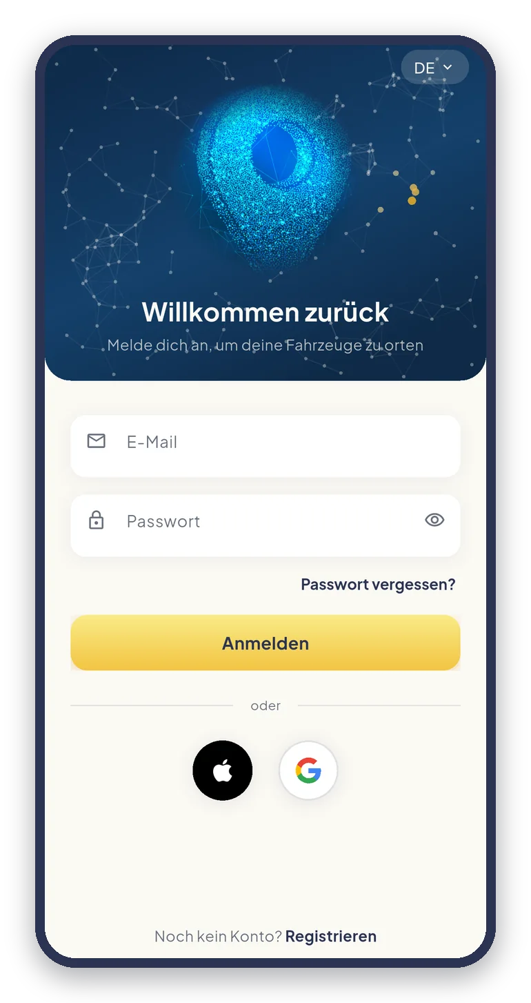Anmeldung mit E-Mail, Apple oder Google