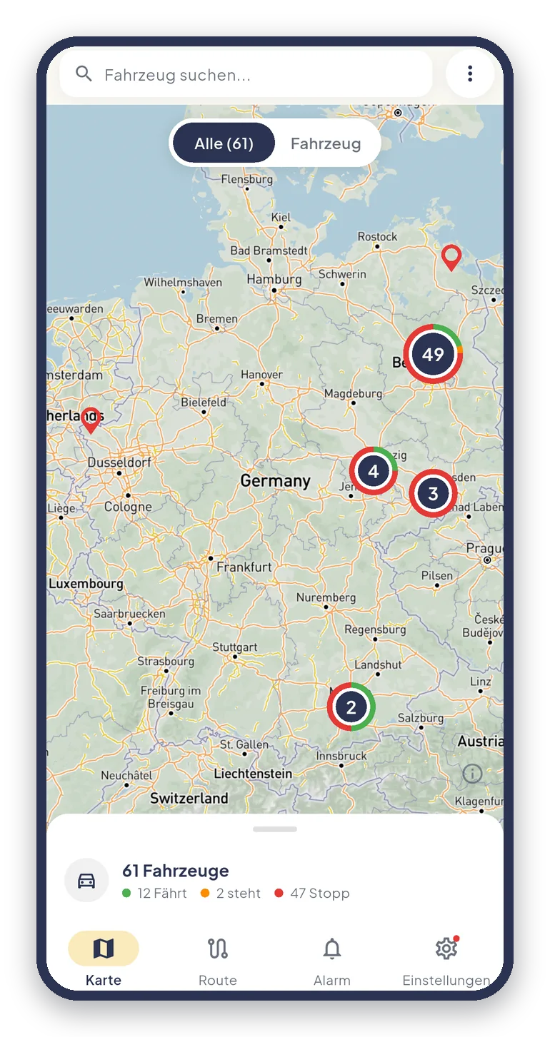 Live-Karte der Flotte mit Cluster-Markern