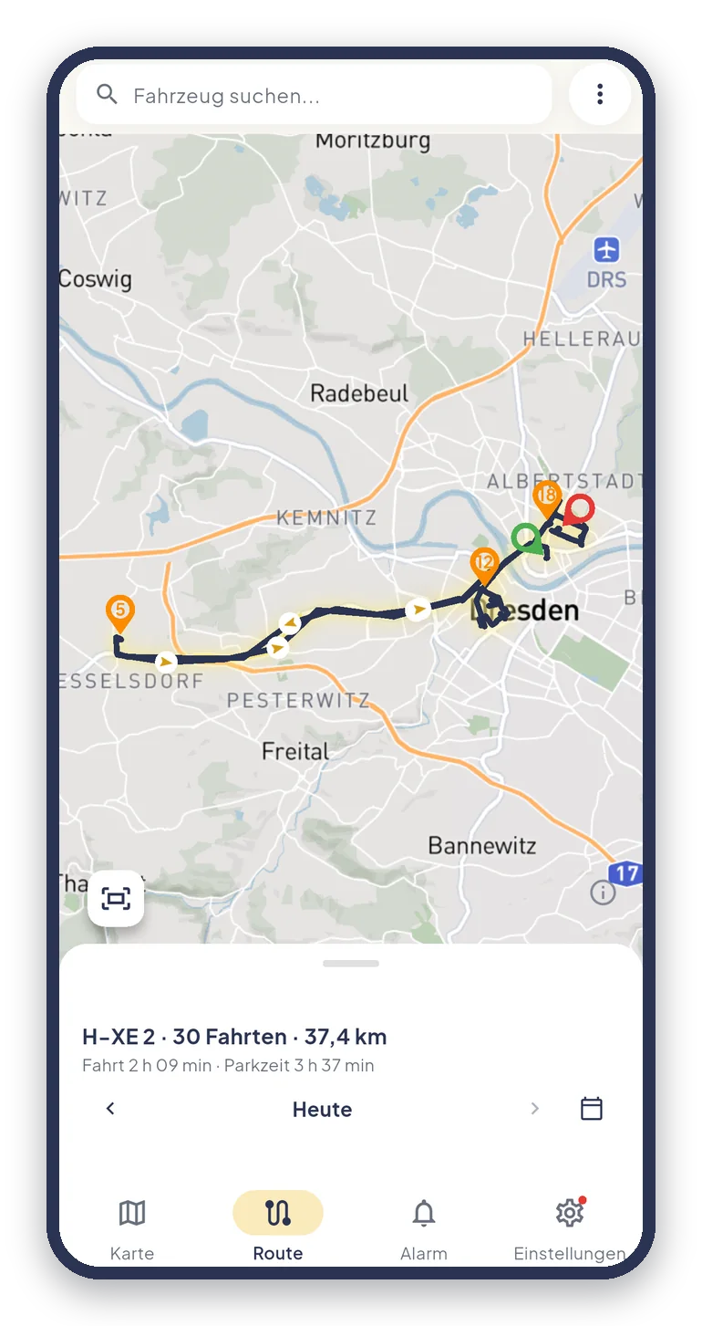 Tagesroute eines Fahrzeugs mit Start und Ziel